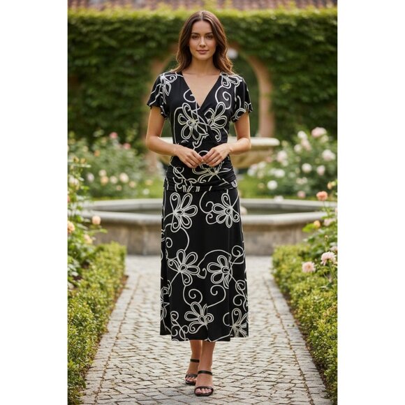 London Times Black Ivory Floral Print Ruched Waist Midi Dress Size 16W 1X Plus - Picture 6 of 6